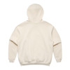 A cream-coloured hoodie with a large hood and ribbed cuffs and hem, featuring a logo.
