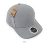 A grey cap made from 100% RPET material, featuring a tag and a logo on the front.