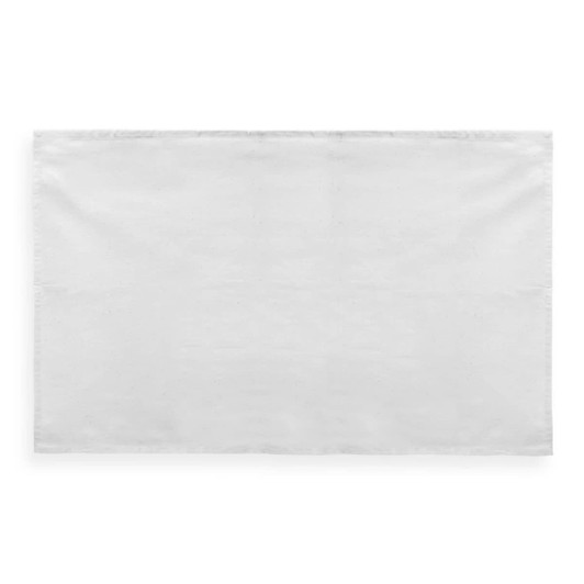 A white cotton tea towel featuring a plain design and a logo. Ideal for kitchen use.
