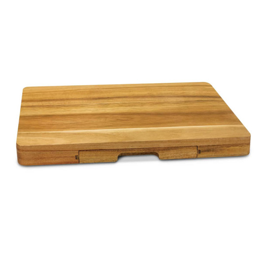 A wooden cheese board in shades of light and dark brown, featuring a sliding compartment for knives.