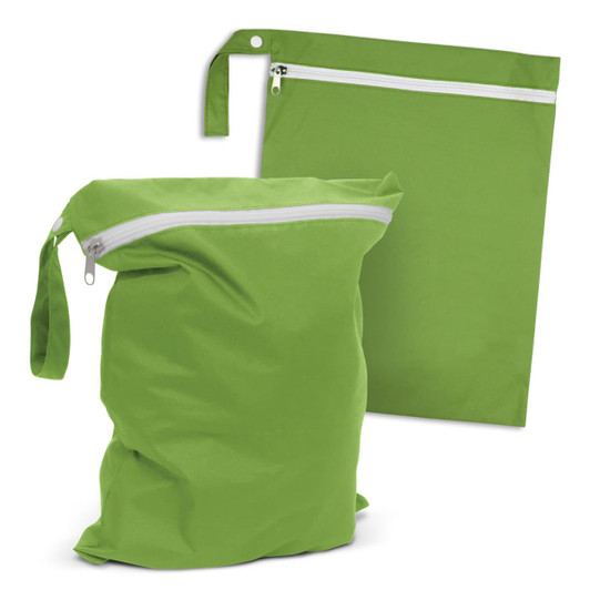 A green Brighton Wet Bag with a zippered closure, accompanied by a flat green bag featuring a zip. Both have a logo.