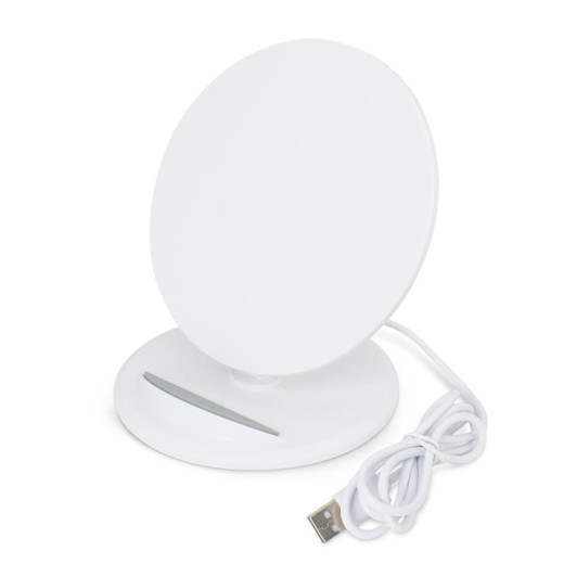 A round white wireless charging stand with a USB cable attached. It has a sleek, minimalist design.