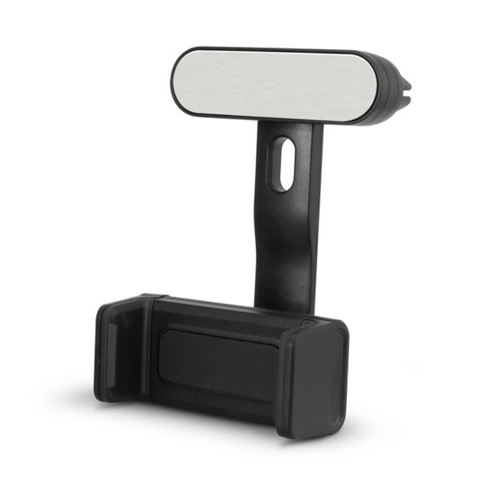 A black car phone holder featuring a mirror-like surface and adjustable grips for secure positioning of devices.