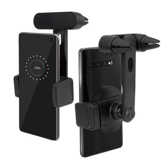 A black wireless charging phone holder designed for use in cars, featuring adjustable grips and a charging indicator.