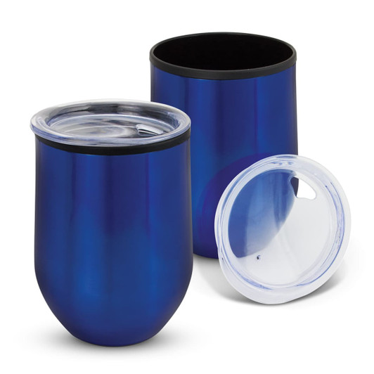 A drink bottle in shiny blue stainless steel with a clear lid, featuring a sleek design. Includes two cups.