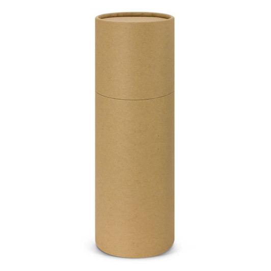 A drink bottle with a cylindrical design, featuring a brown cardboard exterior and a simple, unbranded appearance.