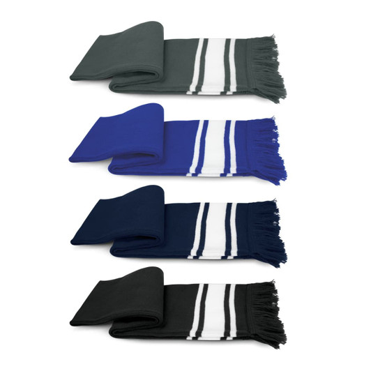 A collection of scarves in dark green, blue, navy, and black, featuring striped patterns and fringed edges.