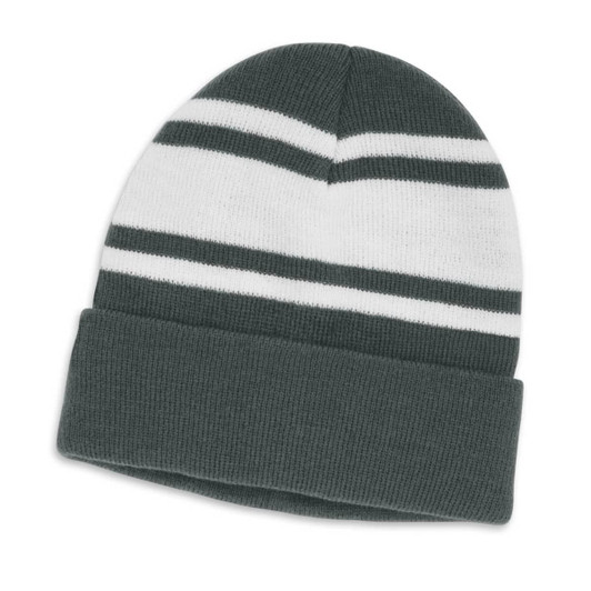 A green and white striped beanie with a folded cuff and a logo on the side.