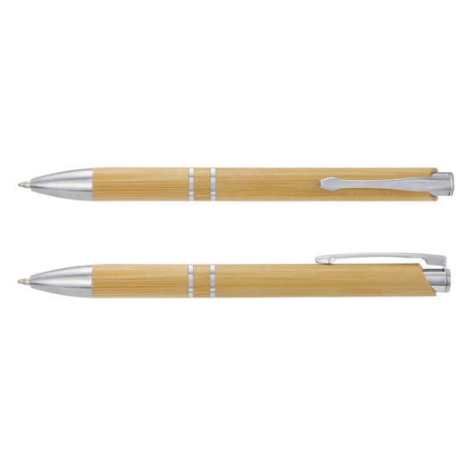 A bamboo pen in a natural finish with silver accents, featuring a sleek design and a clip. Includes a logo.
