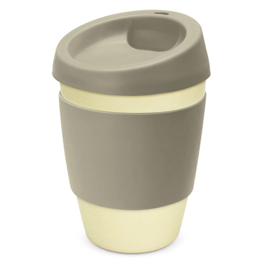 A drink bottle with a beige and pale green design, featuring a reusable lid and a logo.