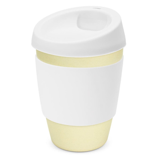 A drink bottle featuring a white exterior with a yellow base and a spill-proof lid. It has a logo on the side.