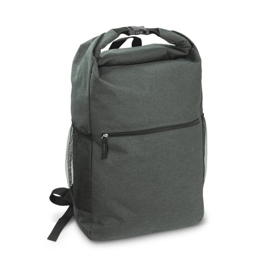 A Canyon Backpack in a dark green color, featuring a roll-top design, front zip pocket, and mesh side pockets.