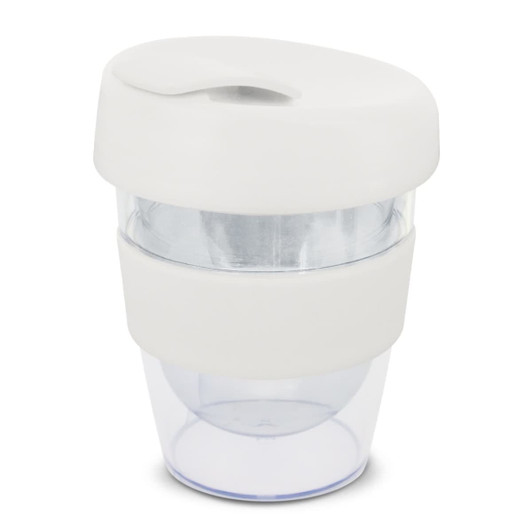 A drink bottle features a clear body with a white lid and band, designed for hot beverages with a capacity of 230ml.