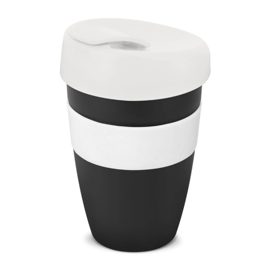 A drink bottle with a black body, white stripe, and a white lid. It features a logo on the surface.