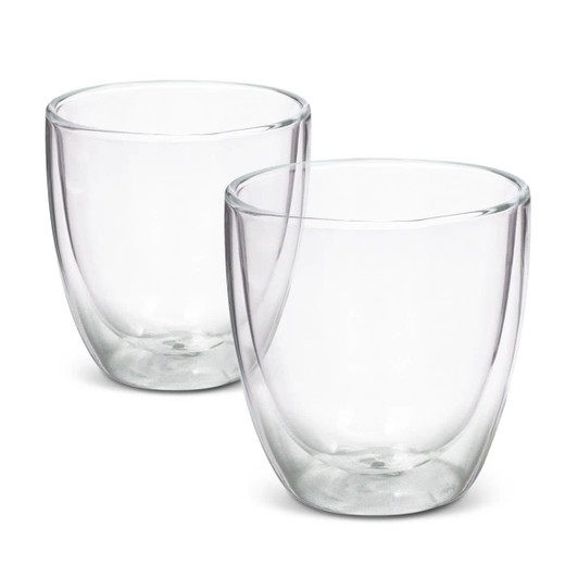 A double wall glass set in clear glass, featuring two glasses with a rounded design.