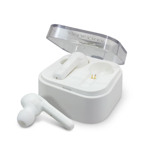 White Bluetooth earbuds in a charging case. The case has a transparent lid and features a logo on top.