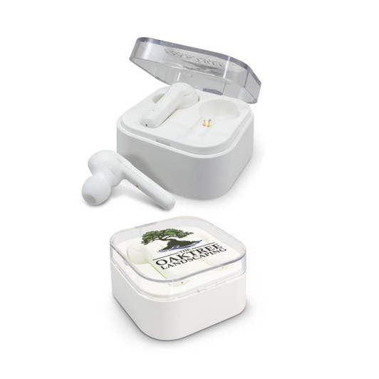 White Bluetooth earbuds in a transparent case, featuring a logo on the front.