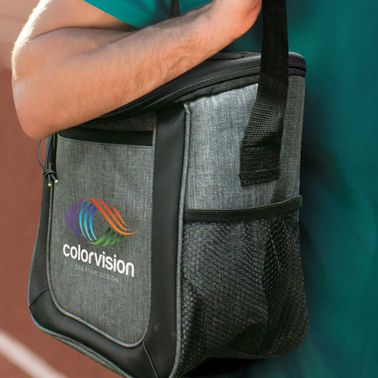 A grey and black cooler bag with a zippered top and mesh pocket, featuring a logo on the front.