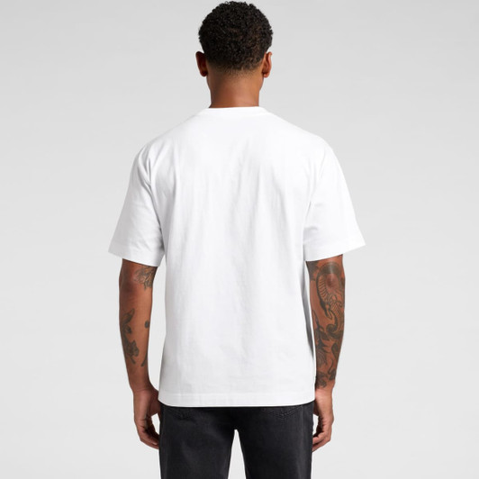 A white Box Tee t-shirt displayed from the back, featuring a logo on the side.