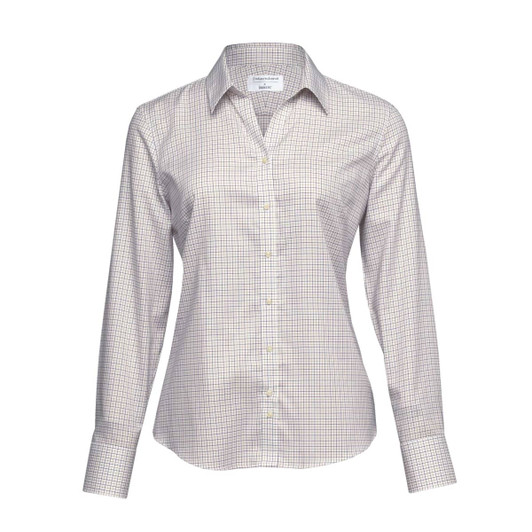 A women's button-up shirt in a check pattern with long sleeves and a light colour scheme. It has a logo tag.