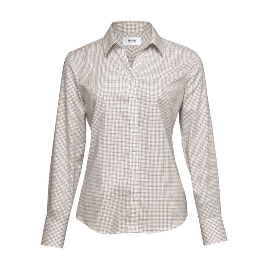A women's button-up shirt in a cream and brown check pattern, featuring a collar and long sleeves. Includes a logo.