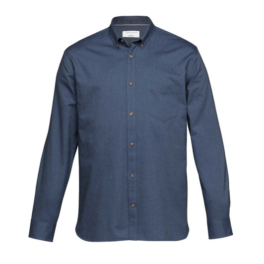 A button-up shirt in a dark blue hue with a chest pocket and a logo on the collar.