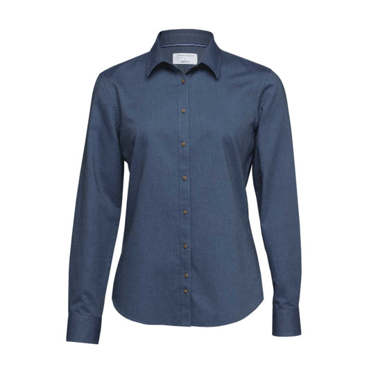 A women's button-up shirt in dark blue with long sleeves and a collared neckline, featuring a branding logo.