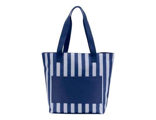 A navy and white striped tote bag with two sturdy handles and a front pocket, featuring a logo.