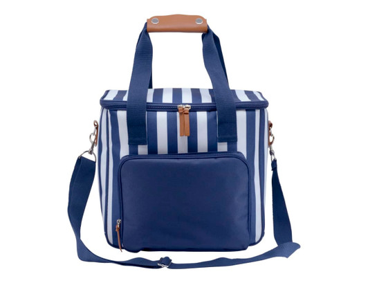 A striped navy cooler bag with a tan handle and adjustable strap, featuring a front pocket and a zip closure.