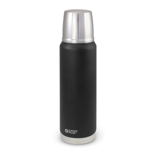 A drink bottle with a matte black finish and silver top, featuring a logo.