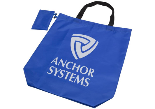 A blue reusable grocery bag with black handles and a small pouch, featuring a logo.