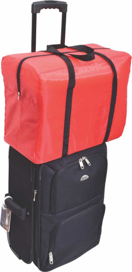 A black wheeled bag with a red top section and black straps, featuring a handle and a branding logo.