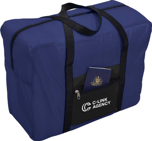 A navy blue wheeled bag with a front pocket, featuring a logo and a passport peeking out.