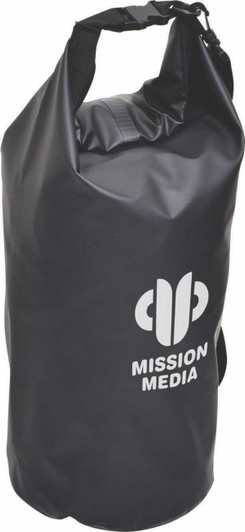 Aqua Dry Bag in black with a carry strap and a logo on the front. Features a roll-top design for waterproofing.