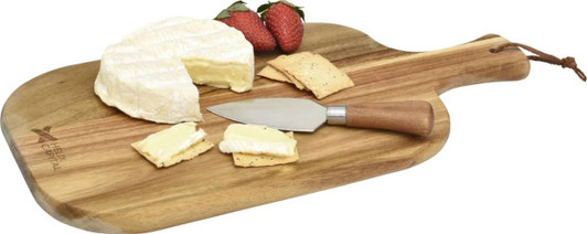 A wooden cheese board featuring a wedge of brie cheese, crackers, strawberries, and a stainless steel cheese knife.