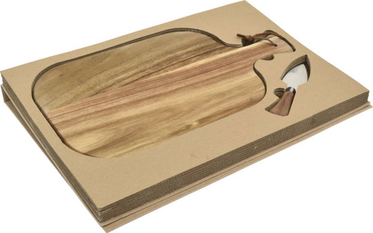 A wooden cheese board in a unique shape, featuring a cheese knife, packaged in a brown cardboard box.