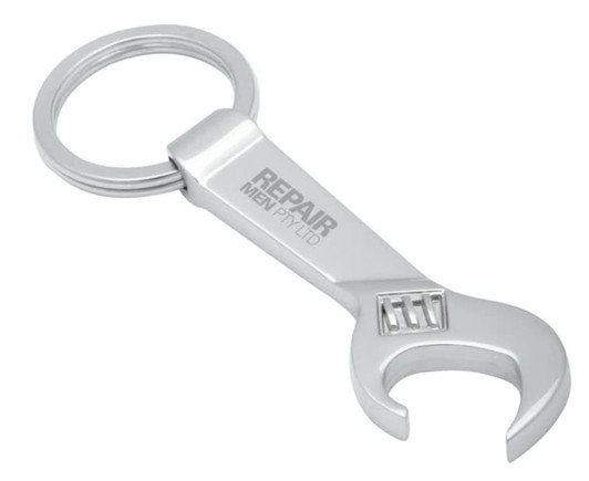 A drink bottle keyring in silver, shaped like a wrench with a logo on its side.