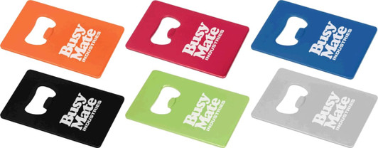 Six colourful drink bottle openers in orange, red, blue, green, black, and silver, featuring a logo.