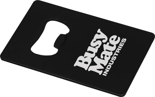 A drink bottle opener with a rectangular black design featuring a logo. It is slim and card-sized.