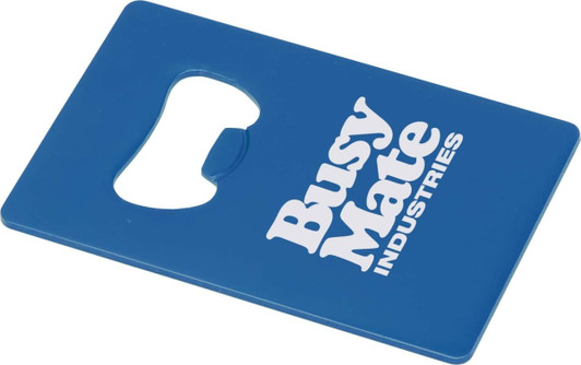 A drink bottle opener in blue featuring a logo, designed in a flat rectangular shape.