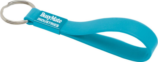 A turquoise silicone sling keyring with a metal ring and branding. Ideal for keeping keys organised.