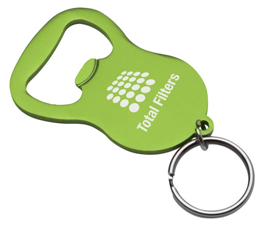 A drink bottle opener in vibrant green, featuring a keyring attachment and a logo on the surface.