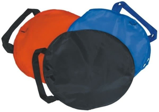 A set of three round sunshades in orange, blue, and black, each featuring a handle for easy carrying.