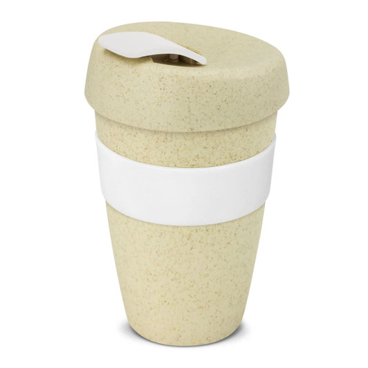 A drink bottle in a natural beige colour with a white lid and band. Features a branded logo.