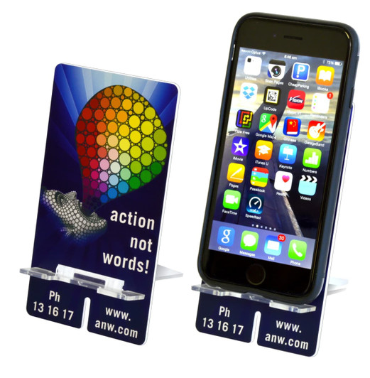 A smartphone stand featuring a colourful design with a logo, holding a phone displaying various apps.