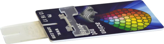 A multicoloured phone stand shaped like a credit card, featuring a logo and a sleek design.