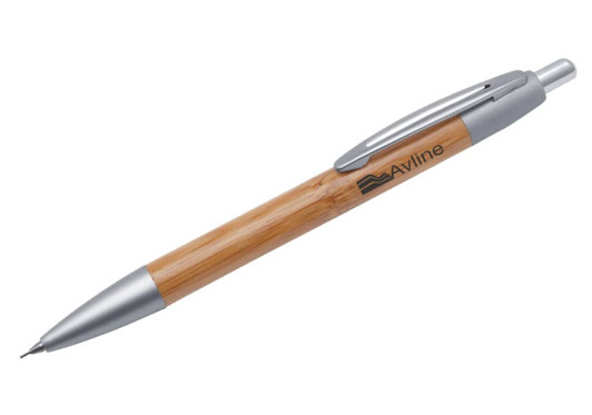 A bamboo pen with silver accents and a branding logo, designed for writing.