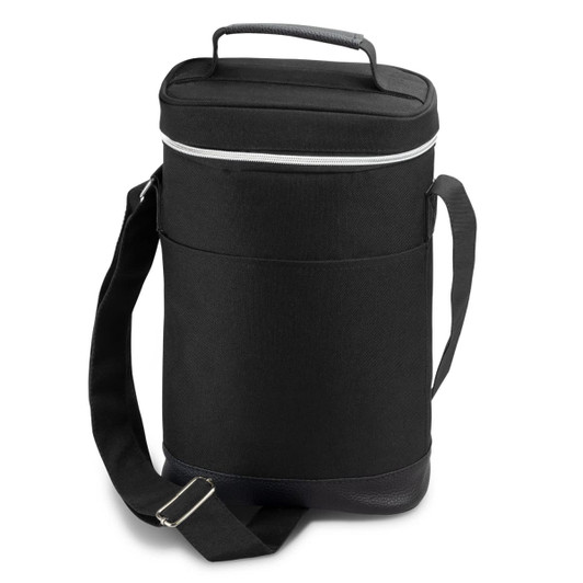 A drink bottle cooler bag in black, featuring a zippered top, a carry handle, and an adjustable shoulder strap.