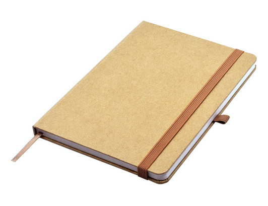 A tan A5 notebook with a brown elastic band and ribbon bookmark, featuring a plain cover and no visible branding.