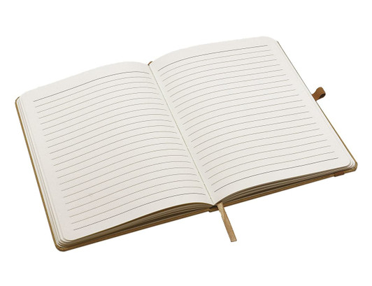 An open A5 notebook featuring blank lined pages with a light cream colour and a ribbon bookmark.